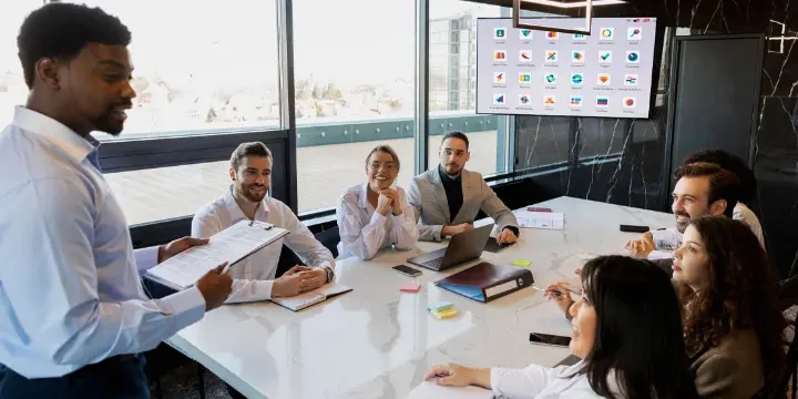 team working across departments with icons