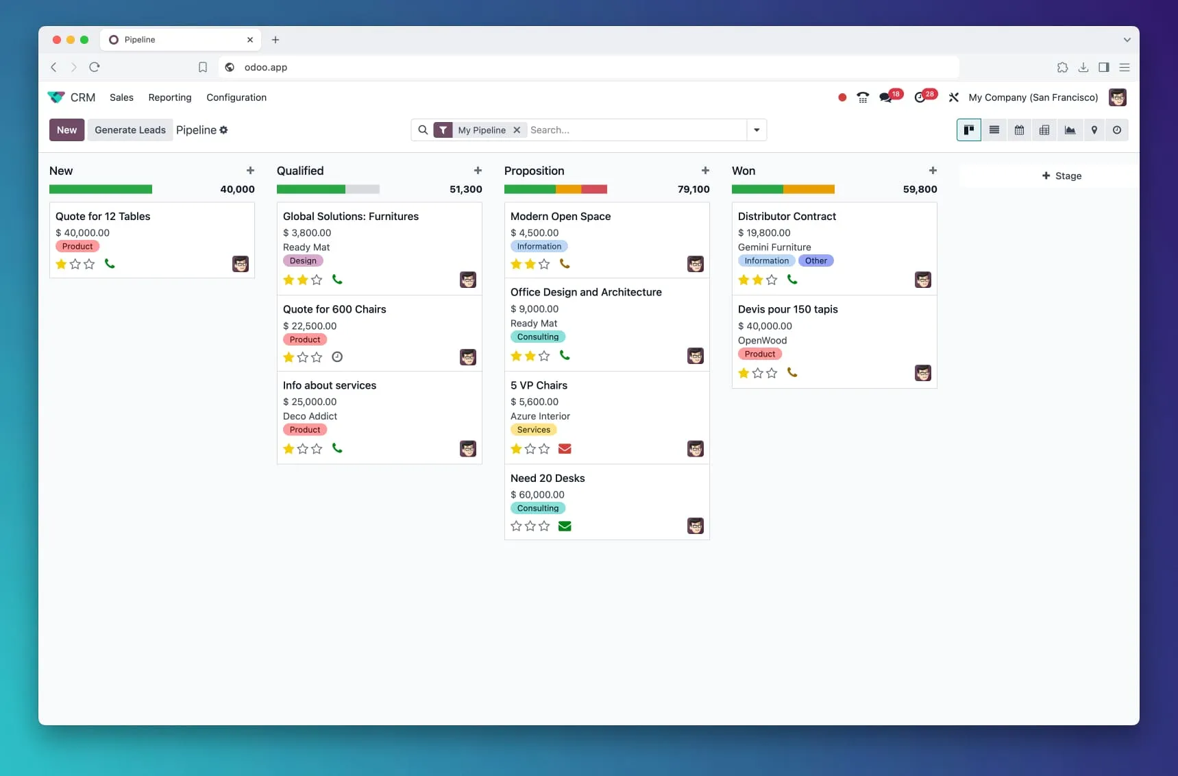 Odoo desktop mockup and business modules
