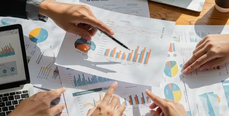 business leader pointing at a digital dashboard with charts