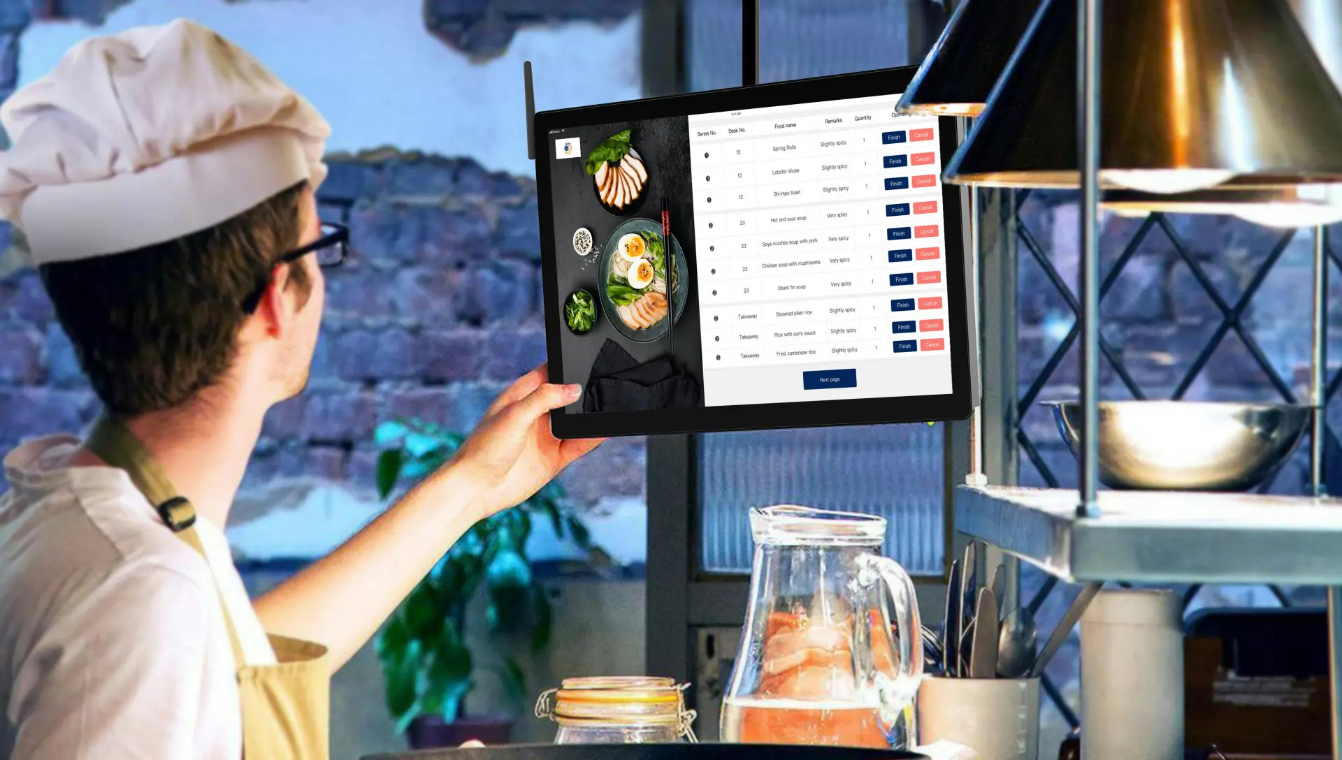 Kitchen staff receiving digital orders on a screen or checking a tablet for stock levels