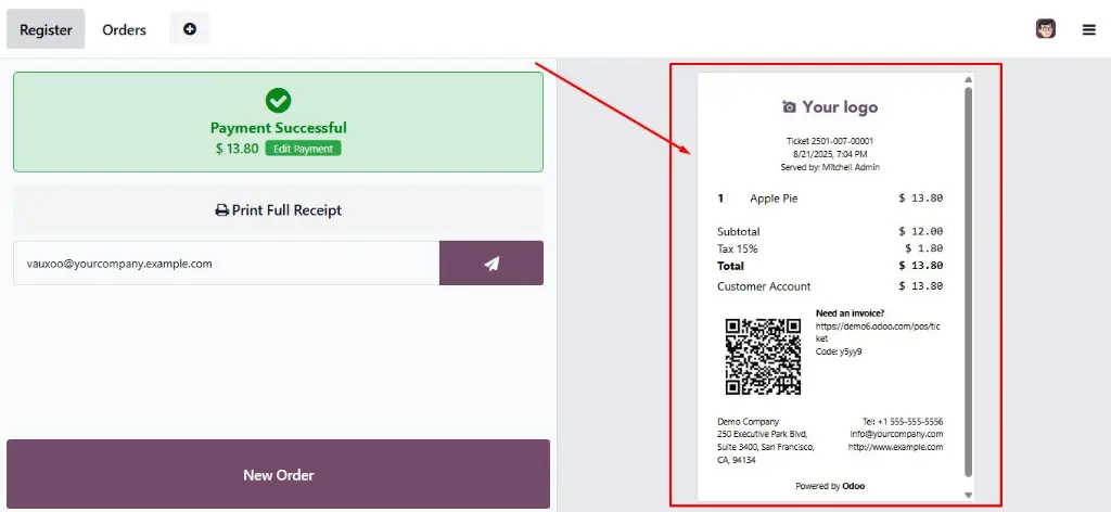 A close-up shot of a modern printed receipt that shows a QR code and clear details.