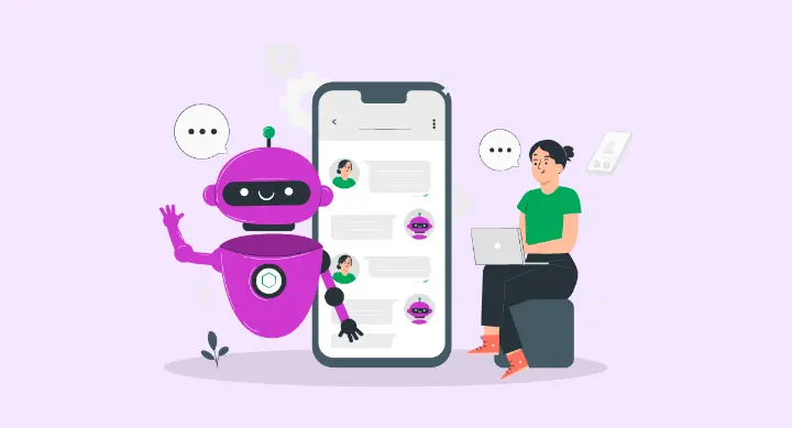 icon of a smiling headset agent supported by an AI/robot